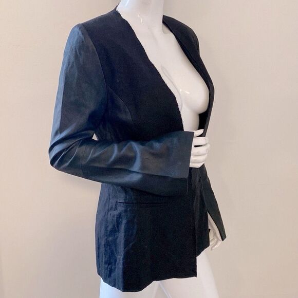 Veda Black Linen Blazer w Contrasting Black Leather Sleeves - Picture 4 of 9